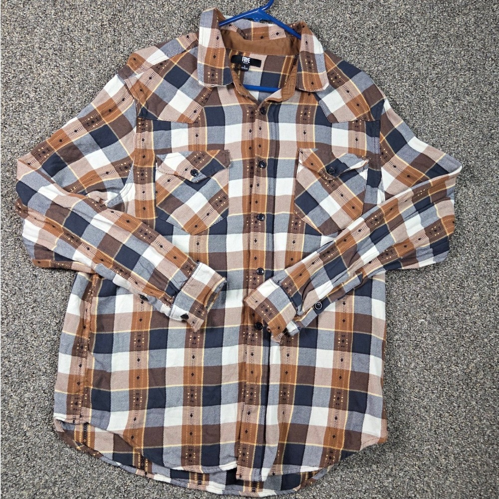 Frye Button Up Shirt‎ Mens Large Brown Plaid Western Corduroy Trim Embroidered
